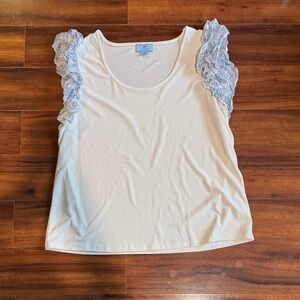 CeCe White Top with Blue Lace Ruffle Sleeves